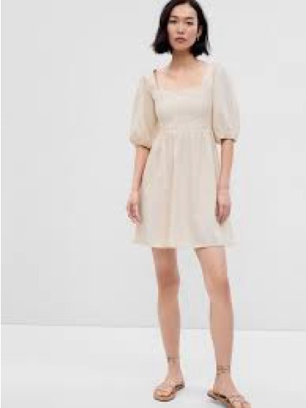GAP Linen Cotton Blend Smocked Tie Back Puff Sleeve Square Neck  Mini Dress Sz S